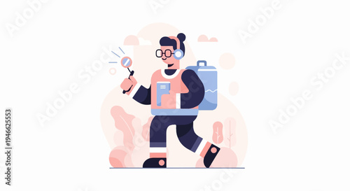 A person with a backpack and headphones holding a magnifying glass