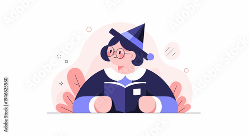 A stylized cartoon person wearing a hat reads a book on a light pink background