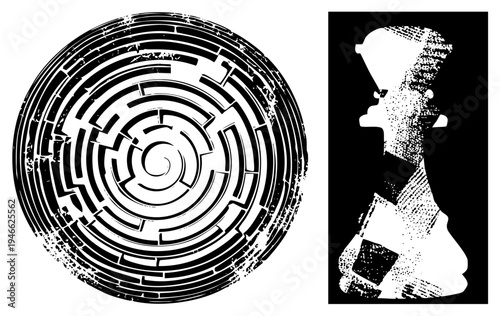 Intricate circular labyrinth and chess bishop figure rendered in halftone vector style, graphic with textured, abstract puzzle and game piece.