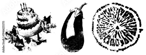 Stylized halftone render of layered cake with candles, eggplant silhouette, and citrus section, vector art, food graphic design.