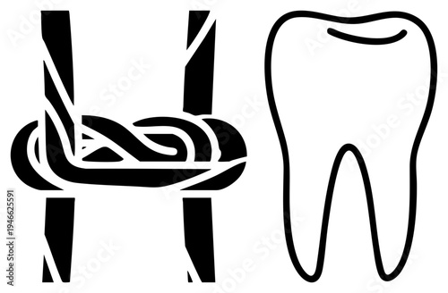 Dental instrument with stylized handle and tooth, medical illustration, health symbol, black and white vector graphic, isolated dental elements.