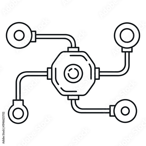 Black line of mechanical device with central octagonal component and four tubes line mechanical device