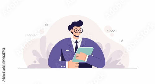 A stylish person in a suit holds a tablet against a backdrop of abstract shapes and plants