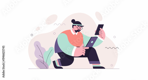 A person works on a laptop and phone, surrounded by abstract shapes and plants