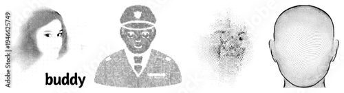 Vector halftone portraits of woman, police officer, abstract face, bald man all stylized with dot matrix shading, isolated digital avatars, graphic design elements.