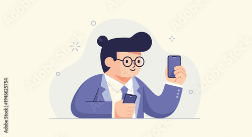 A person with a bun hairstyle and glasses holds two phones, one in each hand