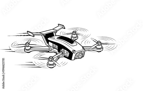 A quadcopter drone with a camera and sleek body is in flight