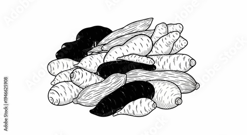 A pile of root vegetables, some black, some white, with textured lines