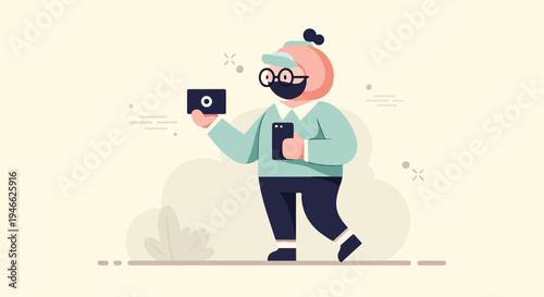 A person with a mask, glasses, and hat holds a phone and camera
