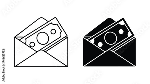 Cash in envelope simple line art illustration, money payment or salary concept with banknotes inside envelope, minimal financial symbol design, clean outline vector icon for business transaction