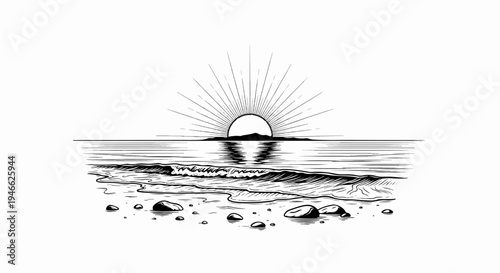 A serene sunrise over calm waters, with gentle waves lapping a rocky shore