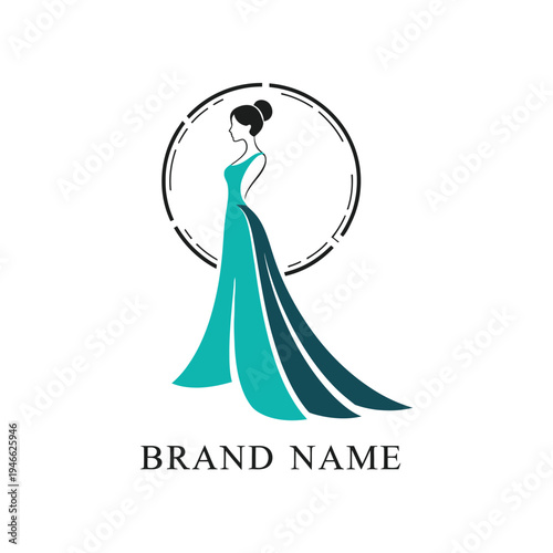 Elegant woman in long dress logo design for bridal salon or fashion brand identity with circular frame vector illustration isolated on white background luxury boutique brand name logo