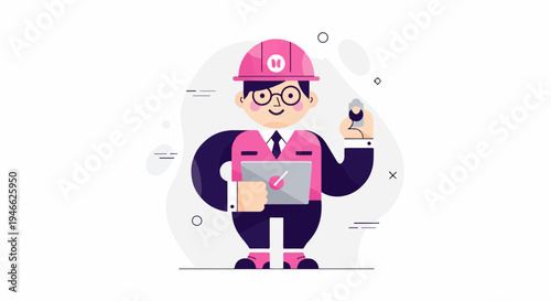 A stylized cartoon worker in a pink helmet, holding a tablet and a small figure