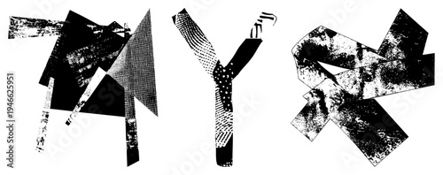 Stylized fragmented typography using halftone and layered geometric forms, abstract lettering design, modern glitch aesthetic, vector art.