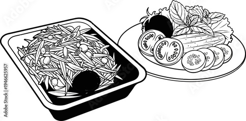 A serving of salad in a black container beside a plate with sliced tomato, cucumber, and greens