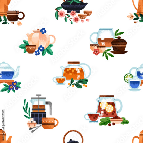Repeatable pattern of different types of tea. Endless background of teapots and cups with sea buckthorn, jasmine and anchan herbal drinks. Kettles, mugs and infusers. Flat seamless vector illustration