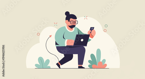 A person with glasses and a beard uses a laptop and phone