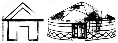 Hand drawn yurt with base and trees, alongside minimalist house, cultural dwelling contrast, nomadic vs. permanent shelter.