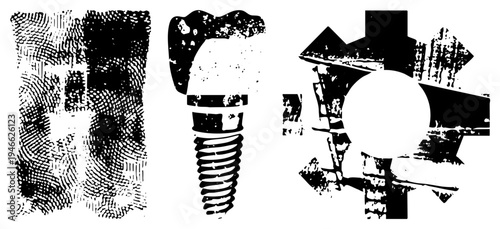Textured halftone dental implant, gritty mechanical gear, vector graphic symbols, industrial design, medical tech, stylized mechanical.