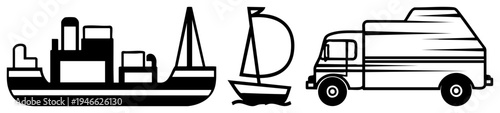 Black and white vector of a cargo ship, sailboat, and delivery truck, minimalist style, transport symbols, isolated graphic elements.