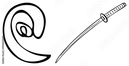 Traditional Japanese katana sword with tsuba guard, stylized wave symbol, martial, samurai weapon, black graphic, minimalist design.