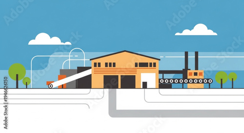 Illustration of a factory with conveyor belt and smokestacks.