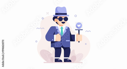 A smiling person in a suit and hat holds a sign with a checkmark