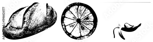 Vintage halftone graphic of bread, citrus section, banana peel, food illustration, stylized produce, vector, textured dots.