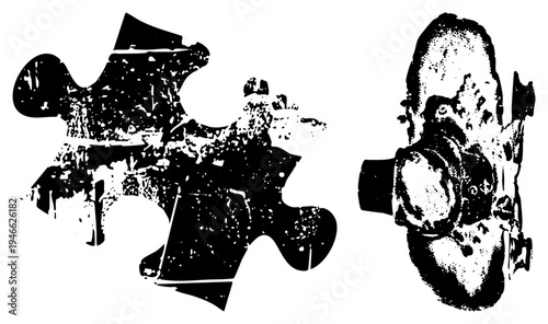 Black and white vector puzzle fragments with weathered, splattered texture, isolated graphic elements, abstract jigsaw design, halftone grain effect.