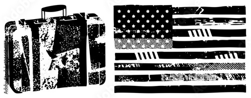 Travel suitcase with worn texture beside weathered USA flag, halftone stars and stripes, retro travel poster, travel motif, black and white vector art.