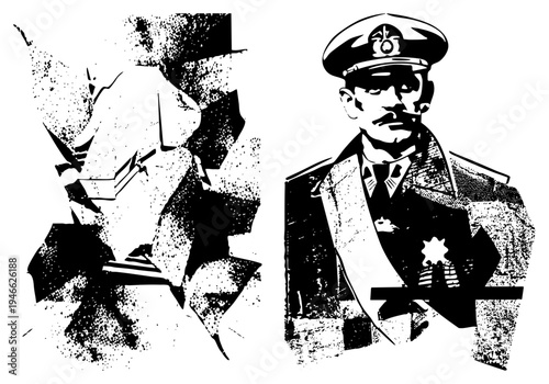 Portrait of a stern officer in uniform, holding a book, alongside abstract shattered book fragments stencil halftone style, vector art,.