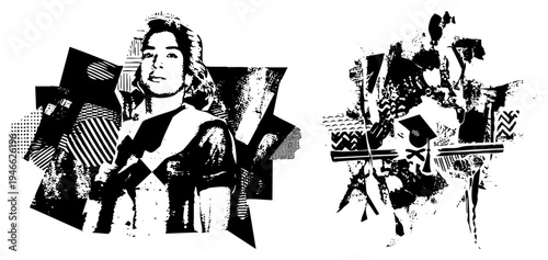 Bold black and white graphic portrait with abstract shapes, halftone, and high contrast, reminiscent of 1960s pop art collage.