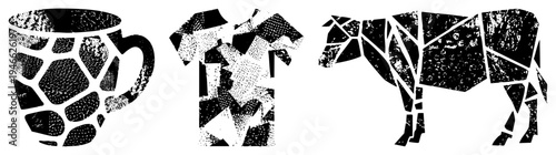 Geometrically shattered mug, t shirt, and cow rendered in halftone texture, vector art with fragmented shapes,, graphic design elements, isolated cutout illustrations.
