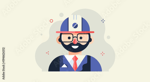 A smiling person in a suit, tie, and hard hat, with glasses and a beard