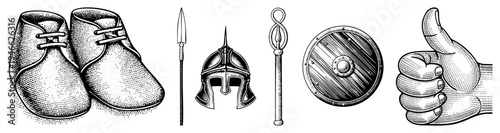 Historical infant footwear, ancient warrior gear including helmet, spear, round shield, and modern approval gesture, halftone engraved style.