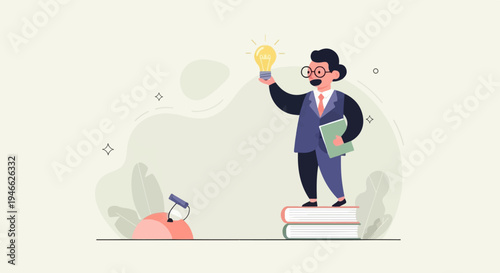 A person in a suit holds a lit lightbulb, standing on books, symbolizing knowledge