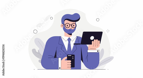 A person in a suit holds a laptop and a smartphone, looking focused