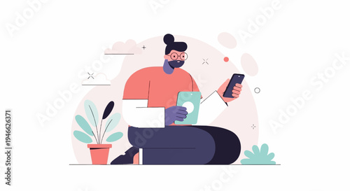 A person sits, looking at a phone, with a tablet in hand