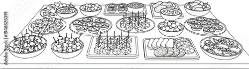 A plentiful spread of assorted appetizers, snacks, and dips arranged on a table