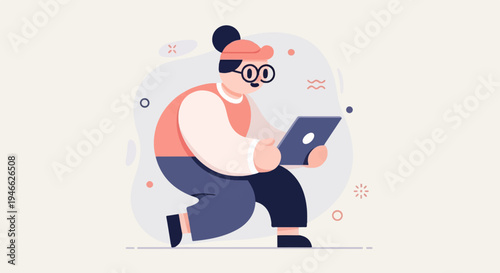 A stylized person in a cap and glasses crouches using a tablet