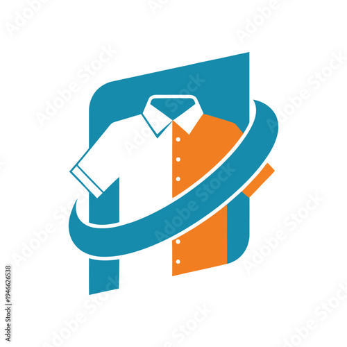 Modern logo design of a folded shirt in white and orange, enclosed by a blue oval swoosh, signifying laundry, dry cleaning, or apparel services