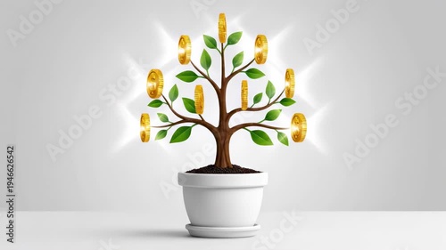 Growing Money Tree with Golden Dollar Coins in White Pot, Concept of Financial Investment Success and Wealth Prosperity