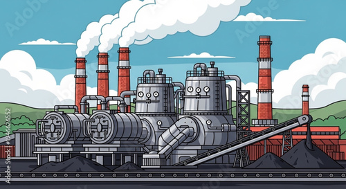 Industrial Power Plant with Chimneys and Smoke Illustration.