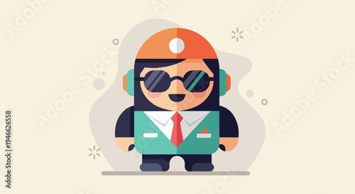 A stylized character in a hard hat and headphones with sunglasses