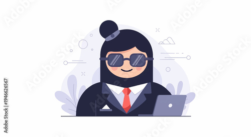 A professional woman with sunglasses, a suit, and a laptop