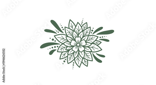 An illustration depicts a green floral design on a white background with leaves and dots.