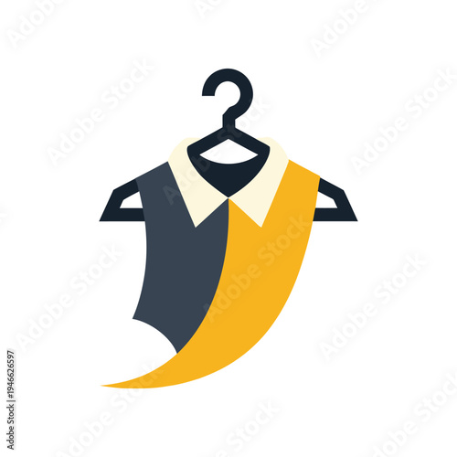 Modern shirt on hanger logo icon for dry cleaning and laundry service branding featuring minimalist yellow and dark blue garment silhouette isolated on white background for apparel shop