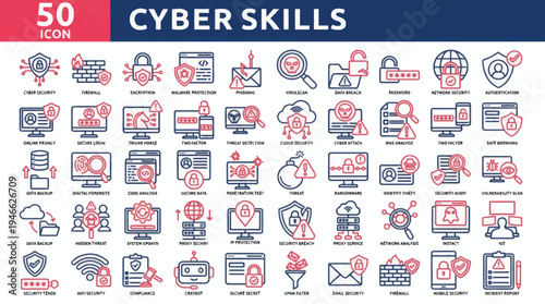 Cyber Skills Icons Collection Modern Professional Flat Line Red and Blue Duotone Vector Graphic Set for Digital Security Education and Web Design