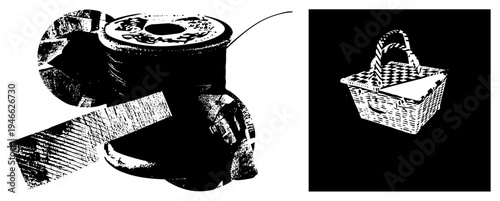 Classic sewing thread spool with wooden bobbin, halftone texture, isolated on transparent background picnic basket with checkered lid, vector style.