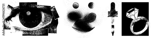 Fragmented eye with halftone textures, smiling face dots, dropper tool, diamond ring, vector art, isolated elements, graphic design assets.